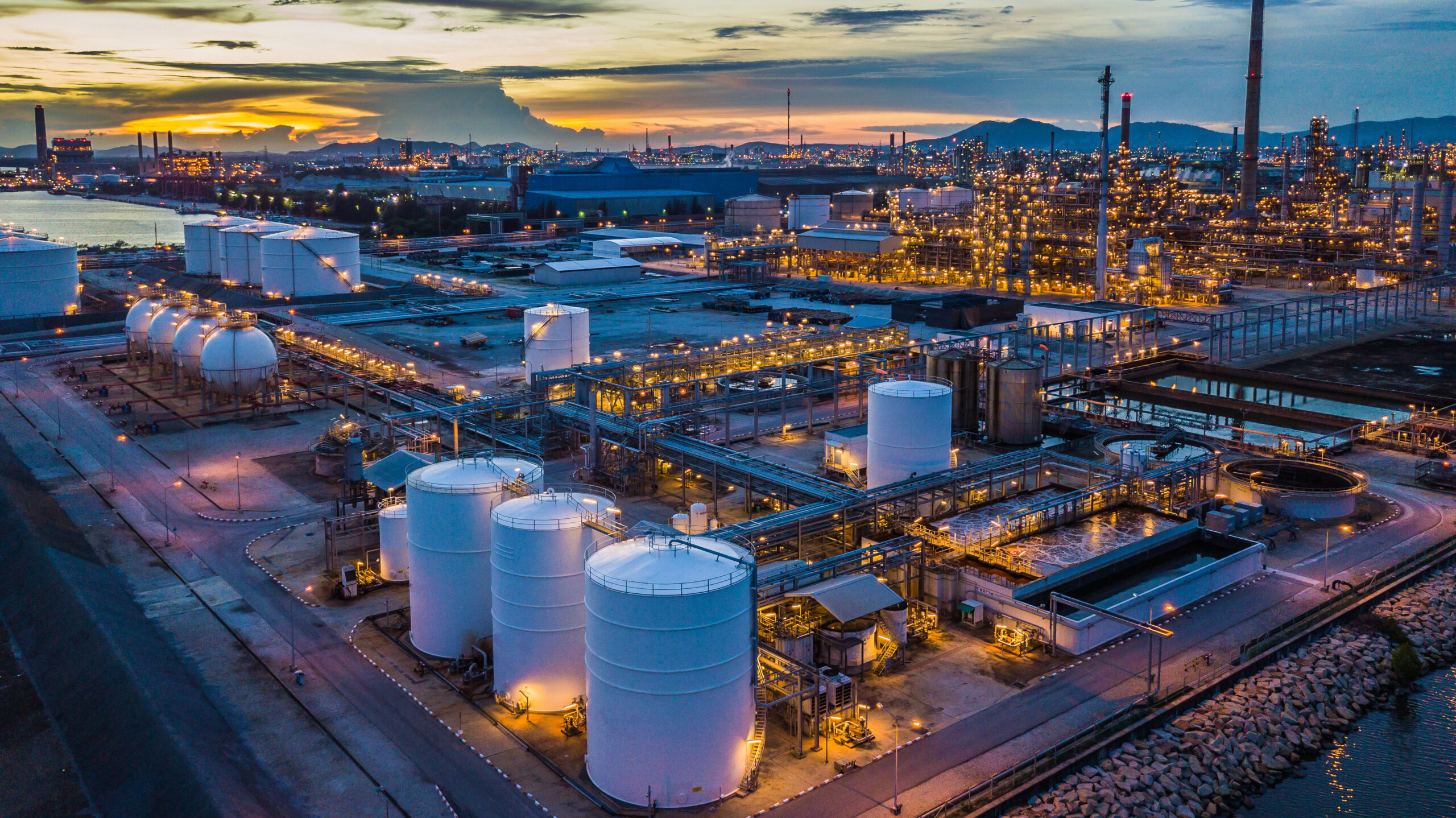 Aerial view oil terminal is industrial facility at night for sto ggelectricservice