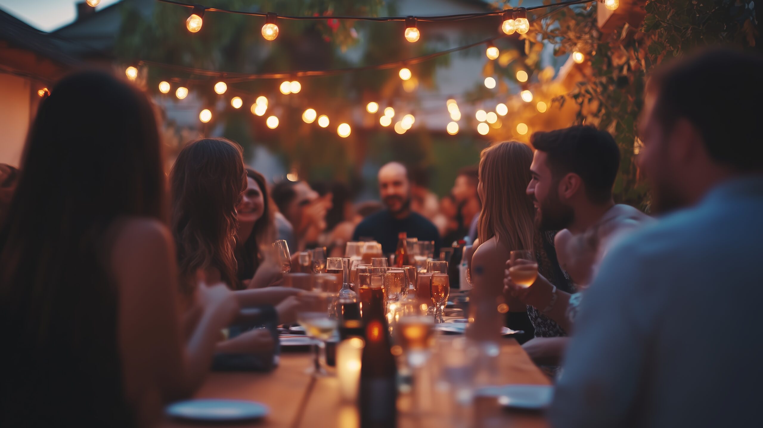 A lively outdoor dinner party under string lights in a cozy backyard during a warm summer evening